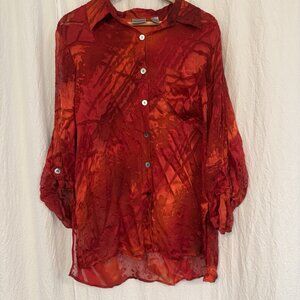 Chico's Size 2 Large Silk Burnout Top Womens Large Semi Sheer Button Up High Low
